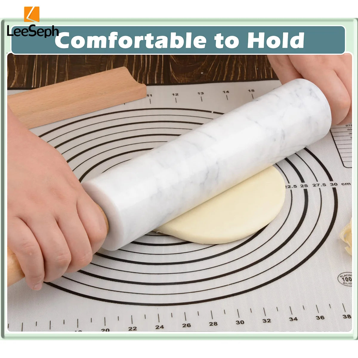 Leeseph Premium Marble Rolling Pin with Wooden Handles and Base, Easy to Clean, Perfect for Professional and Home Kitchens Peaceful Pleasures Health and Wellness