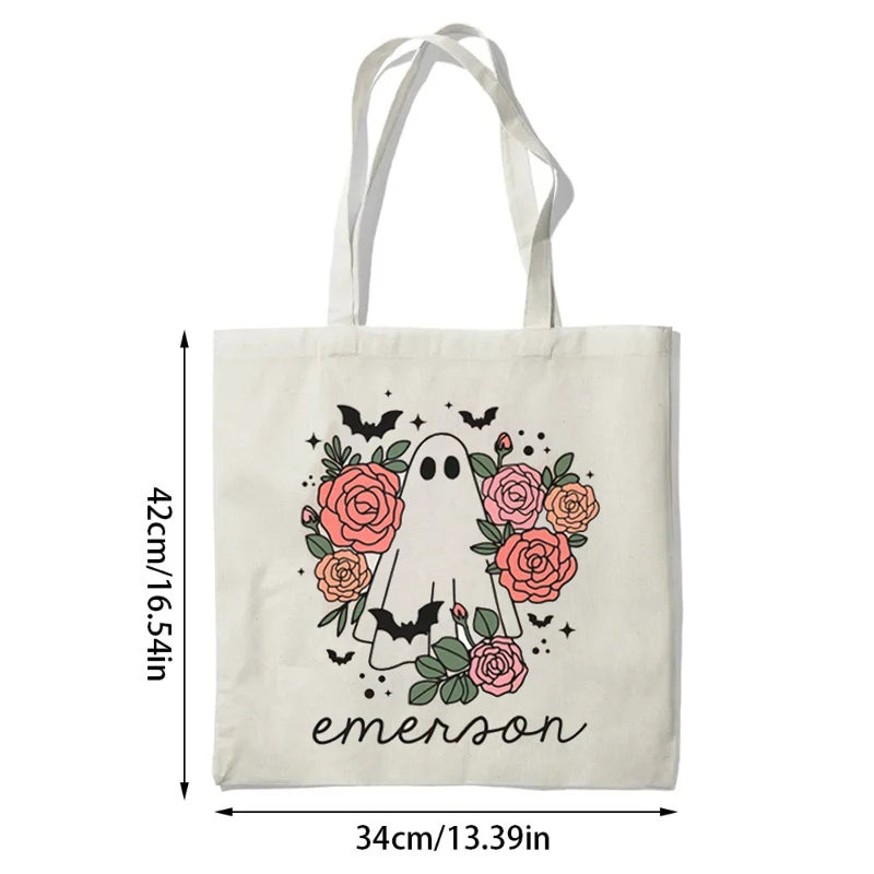 Personalized Ghost Flower Canvas Tote | Kids Halloween Candy Bag Personalized Tote Bag Peaceful Pleasures Health and Wellness