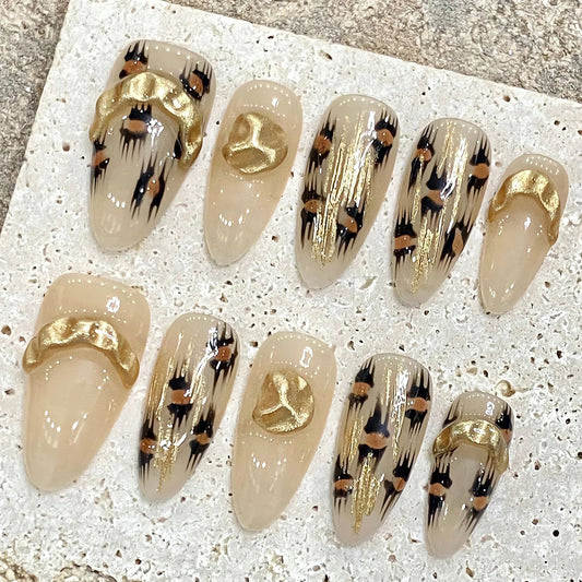Almond Press On Nails – Leopard Gold Foil French Tips, 10pcs Press On Nails Peaceful Pleasures Health and Wellness