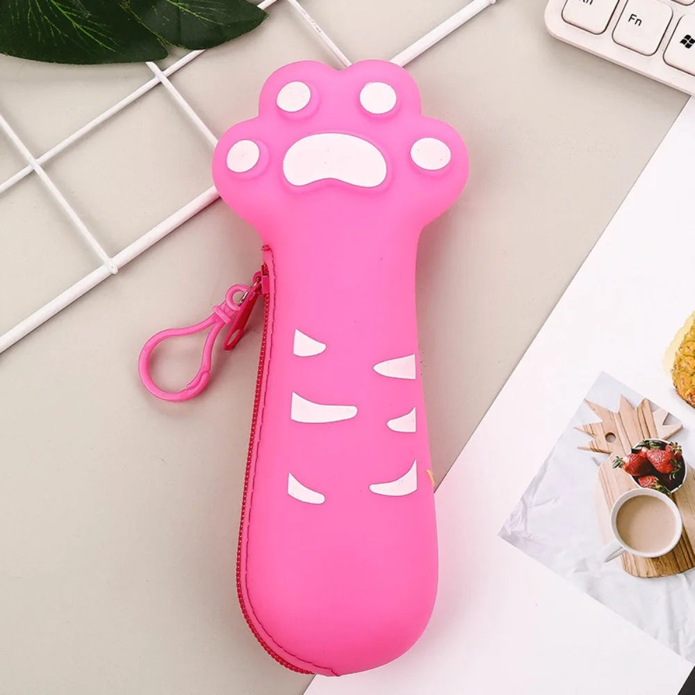 Cartoon Cute Cat Claw Silicone Pencil Case High Appearance Large Capacity Pencil Stationery Boxes Zipper Stationery Pencil Bags Peaceful Pleasures Health and Wellness Rose Red
