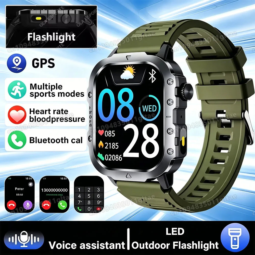 Military-Grade Smartwatch – Bluetooth Call, Flashlight & 100+ Sports