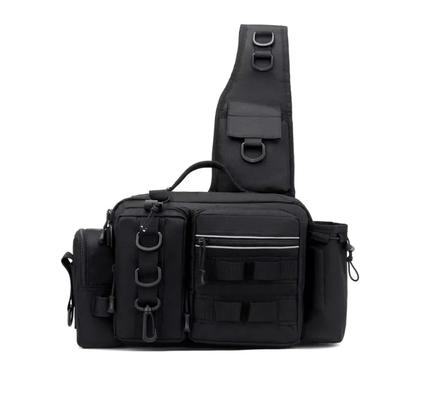 Fishing Tackle Backpack Fishing Fanny Pack Crossbody Bag Fishing Tackle Box Organizer with Rod & Gear Holder, Ideal for Fishing Peaceful Pleasures Health and Wellness black