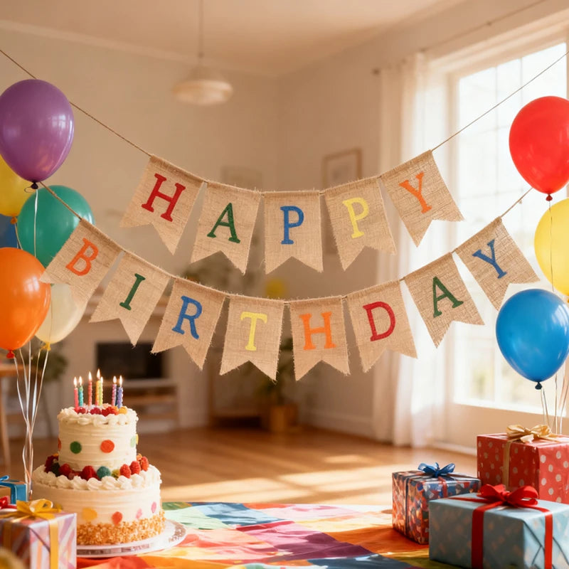 Rustic Rainbow Happy Birthday Burlap Banner Party Bunting Party Banner Peaceful Pleasures Health and Wellness