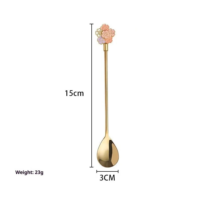 Hot 1Pc Stainless Steel Cherry Blossom Spoon Fork Coffee Spoon Kitchen Star Long Handle Stirring Spoons Kitchen Coffee Tableware Peaceful Pleasures Health and Wellness Golden short spoon