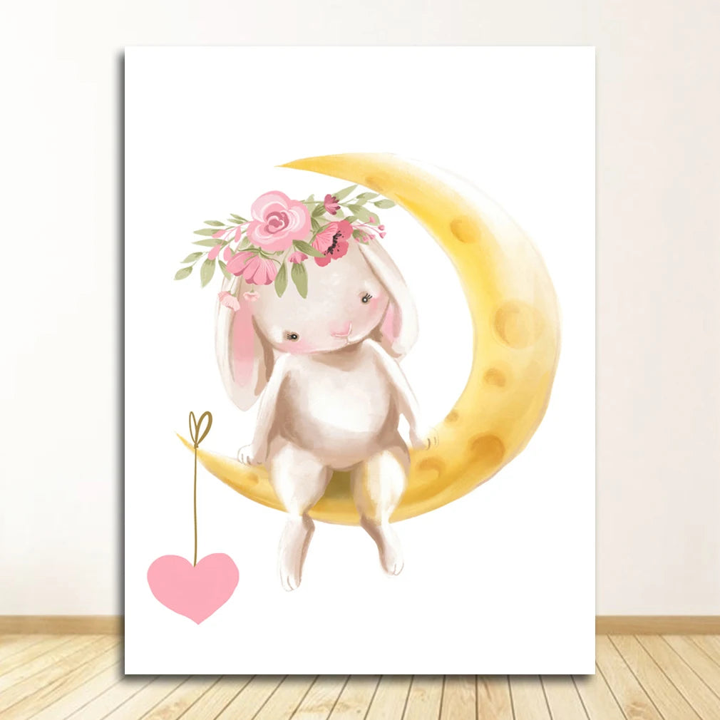Pink Bunny Nursery Canvas Wall Art | Girls Baby Room Decor