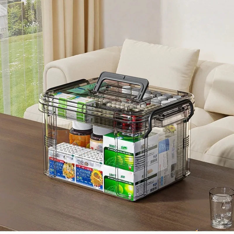 Clear Medicine Organizer Box with Tray & Labels | Storage Chest