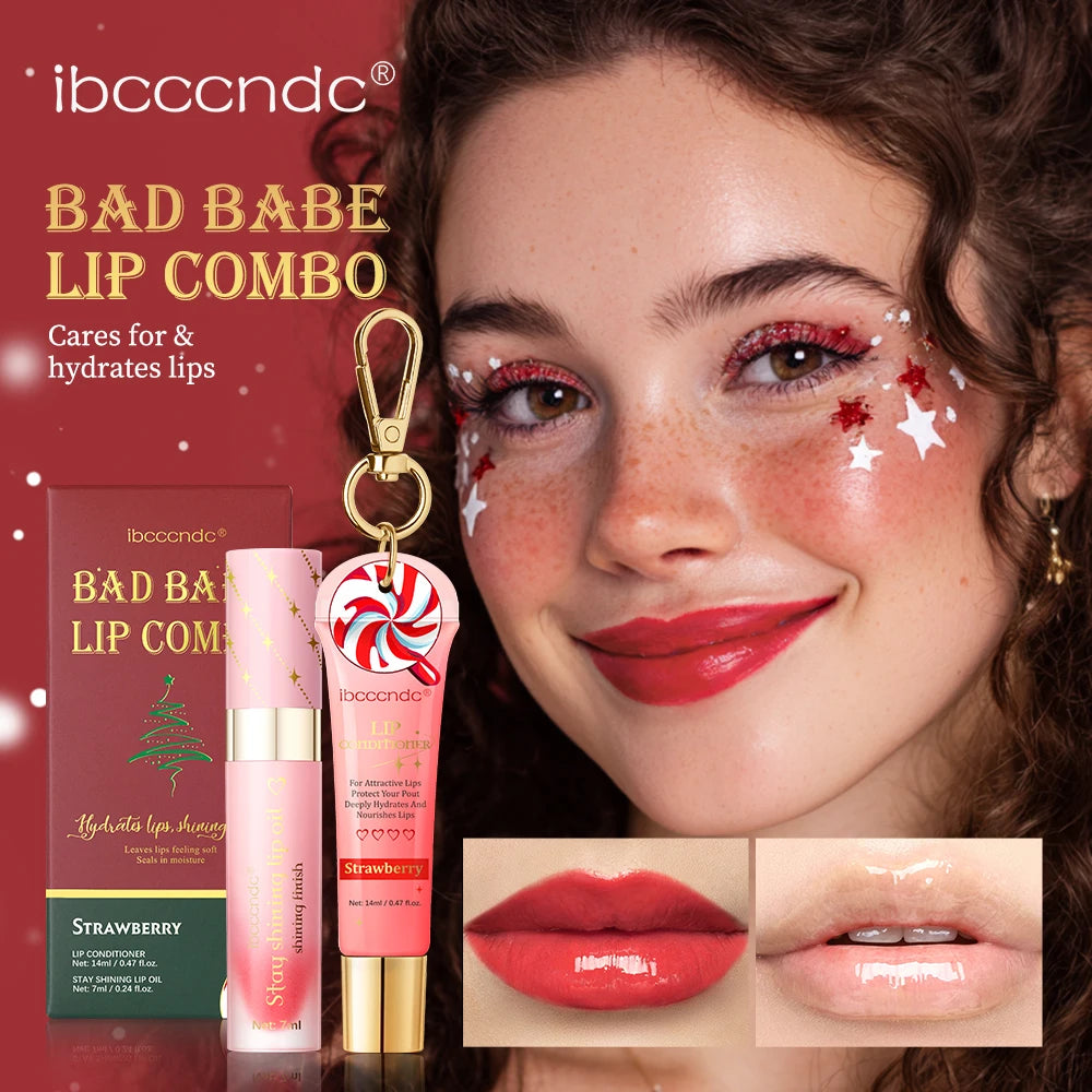 2pcs Bad Girl Glossy Christmas Lip Gloss Set Strawberry Lip Balm and Lip Gloss Combo Long-Lasting Hydrating Plump Lips Christmas Peaceful Pleasures Health and Wellness