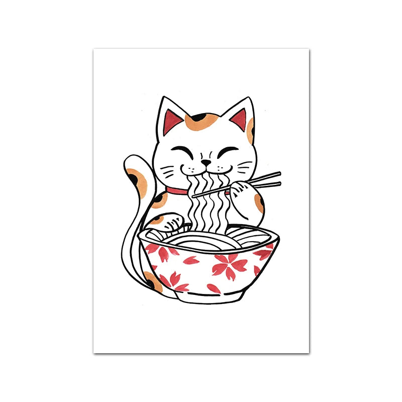 Art Print Watercolor Sushi Poster Kitchen Wall Canvas Painting Japan Restaurant Decor Japanese Ramen Noodles Cat Illustrated Peaceful Pleasures Health and Wellness T80287-10 40x50cm Unframed