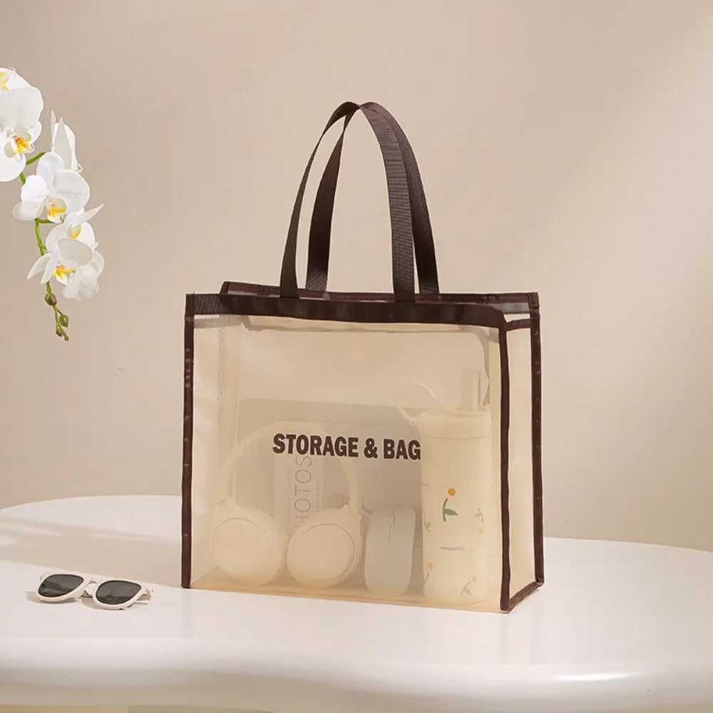 Large Capacity Shoulder Bag Hollow Mesh Transparent Swim Tote Bag Multifunctional Waterproof Beach Toiletry Storage Bag Women Peaceful Pleasures Health and Wellness Brown-L