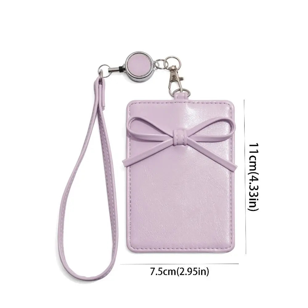 PU Leather Bow Leather Card Holder Bowknot Name Tag Work Card Cover Scalable Retractable Bus ID Holders Men Women Peaceful Pleasures Health and Wellness