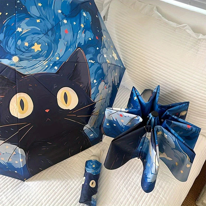 Blue Cartoon Cat Folding UV Umbrella – Sun & Rain Protection