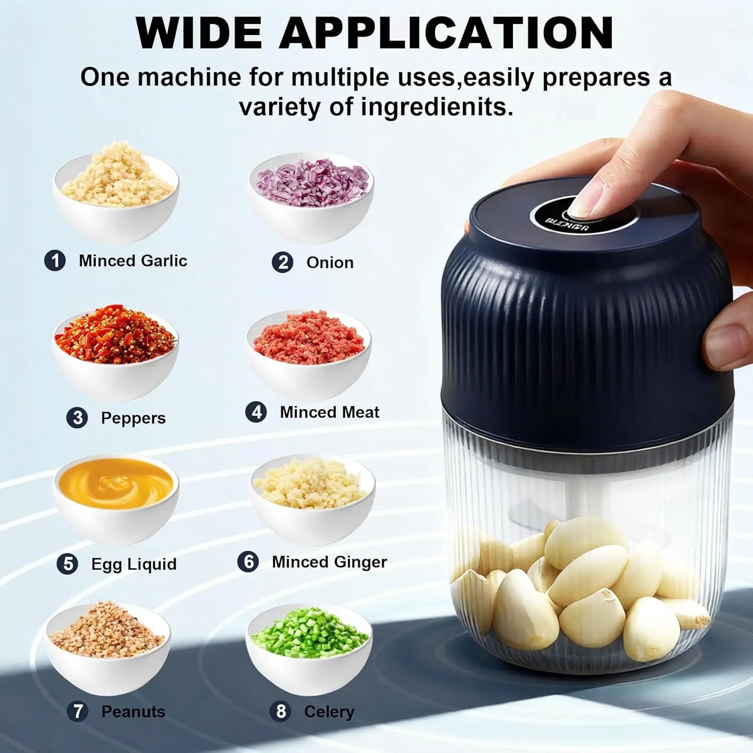 300ml Capacity Electric Garlic Chopper, Mini Portable Veggie Cutter, 4 Sharp Stainless Steel Blades Mini Electric Food Chopper, Compact Size, Easy to Clean, One-Touch Operation (Blue) Peaceful Pleasures Health and Wellness