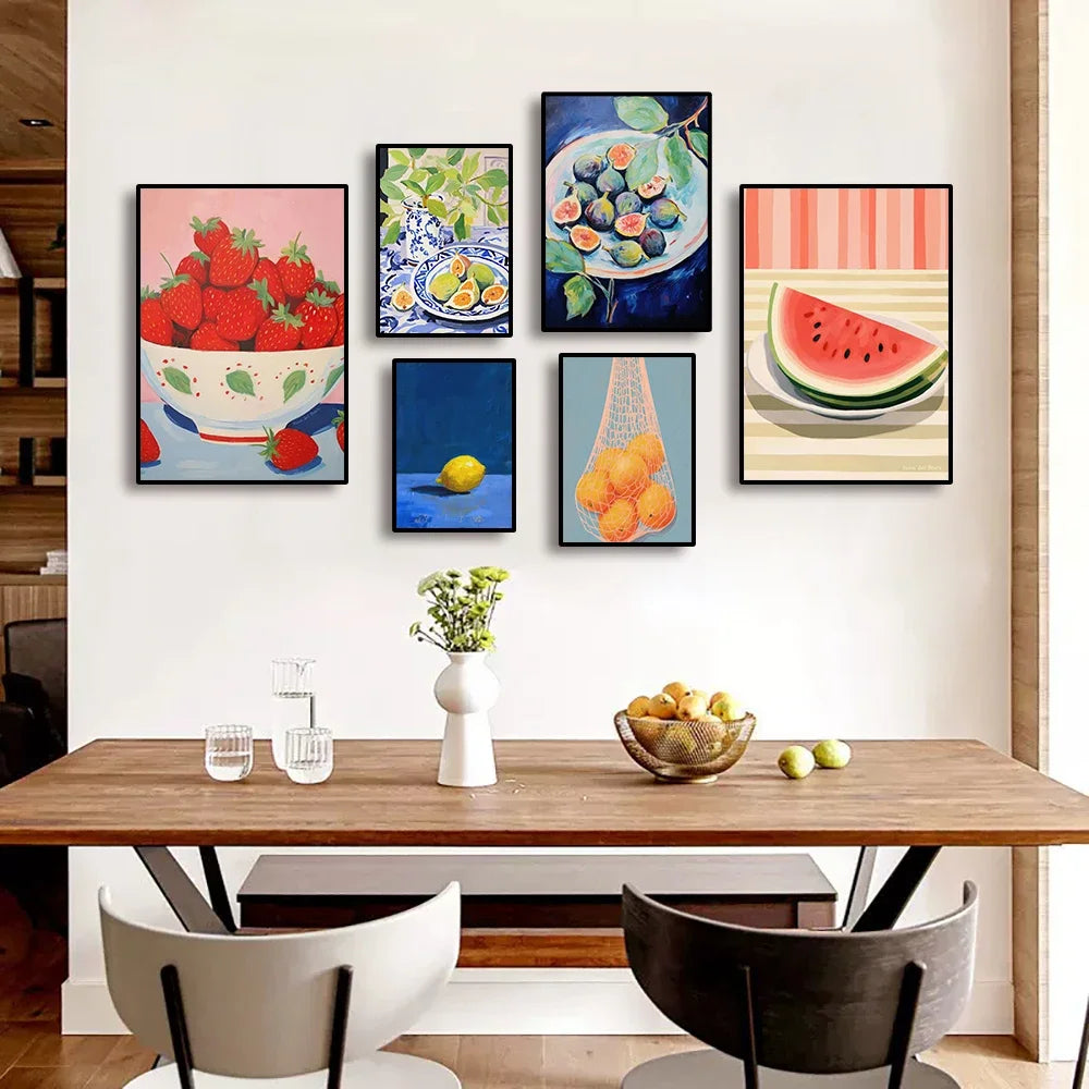 (1pc frameless)Colorful Modern Abstract Fruit Canvas Prints Maximalist Peach Strawberry Watermelon Wall Art Poster for Living Peaceful Pleasures Health and Wellness