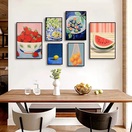 (1pc frameless)Colorful Modern Abstract Fruit Canvas Prints Maximalist Peach Strawberry Watermelon Wall Art Poster for Living Peaceful Pleasures Health and Wellness