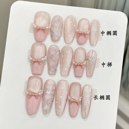 10pcs Handmade Press on Nails Sweet 3D Bow Decor Cat's Eye Fake Nail Tips Wearable Detachable Ins Plaid Pink French False Nails Peaceful Pleasures Health and Wellness
