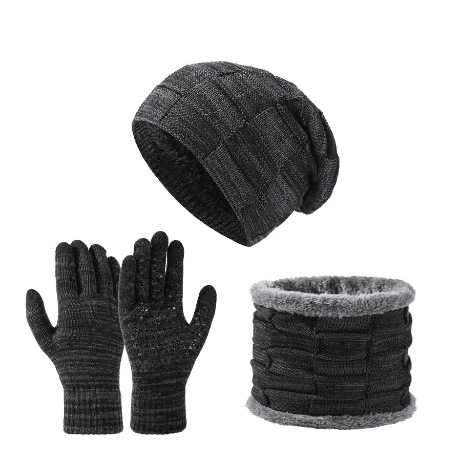 Autumn Winter Unisex Warm & Soft Winter Fleece-lined Knitted Hat,Scarves And Touch Screen Gloves 3-Piece Set Peaceful Pleasures Health and Wellness Black