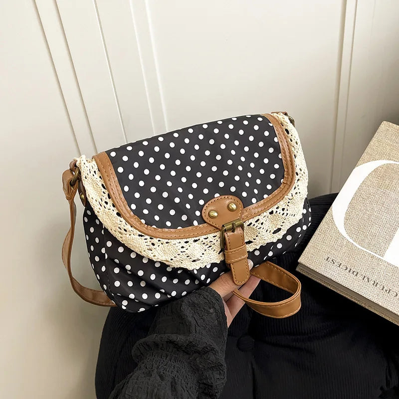 New Korean Style Polka Dot Women's Shoulder Crossbody Canvas Bag Fashionable & Exquisite Small Purse for Girls Fashion Versatile Peaceful Pleasures Health and Wellness black