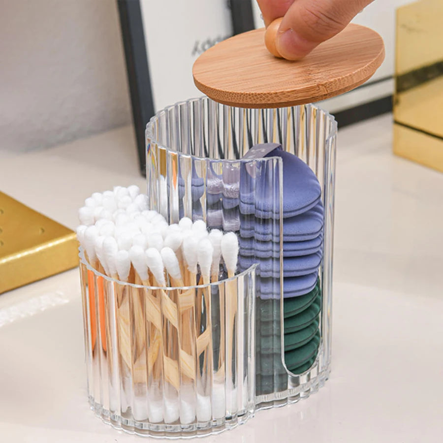 2-Grid Q-tip & Cotton Ball Dispenser Canister – Plastic Vanity Organizer for Cotton Swabs, Rounds & Pads