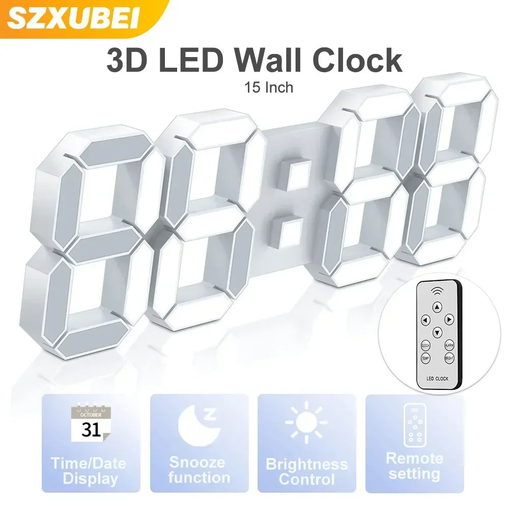 15" LED Digital Wall Clock with Remote – Time Date Temp