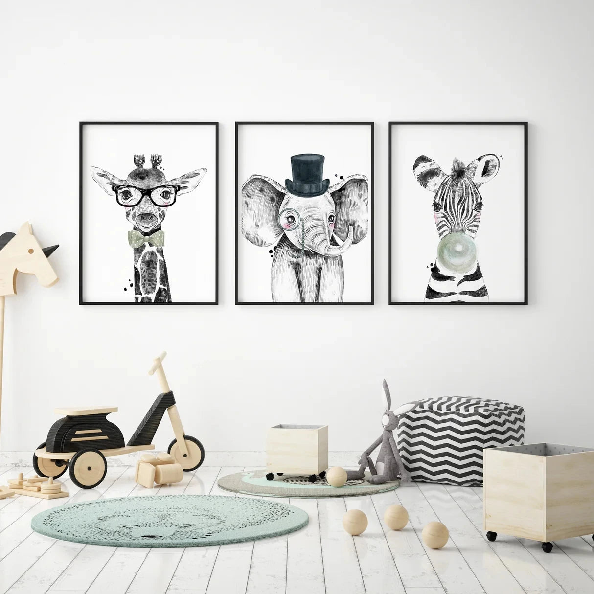 3-Piece Cartoon Safari Animals Canvas Wall Art | Kids Room Decor