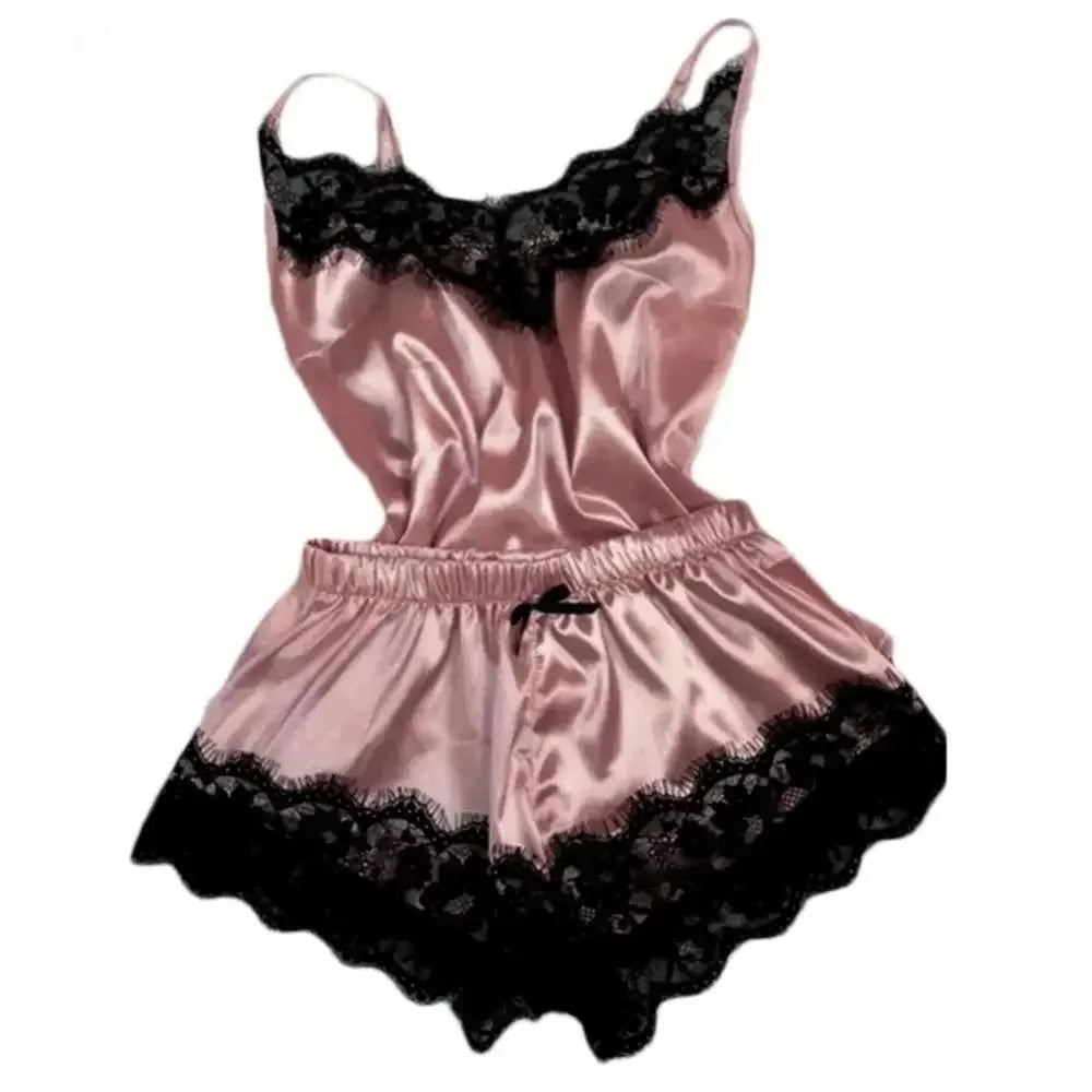 Women's Satin Lace Bowknot Pajama Set – Camisole & Shorts Women's Pajama Set Peaceful Pleasures Health and Wellness Purple One Size