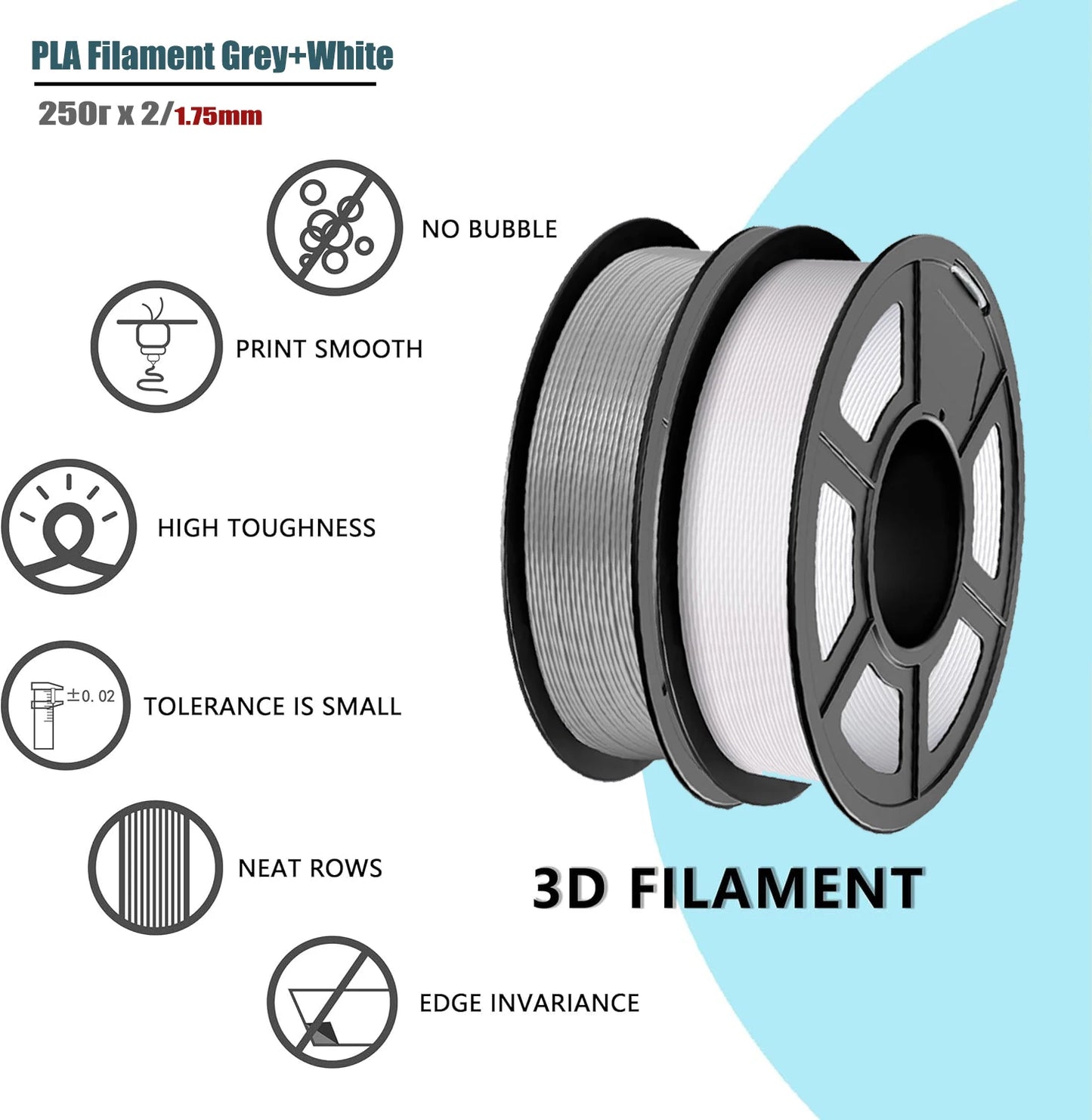 3D Maliang PLA Filament 1.75mm ±0.02mm 250g Grey & White Spool