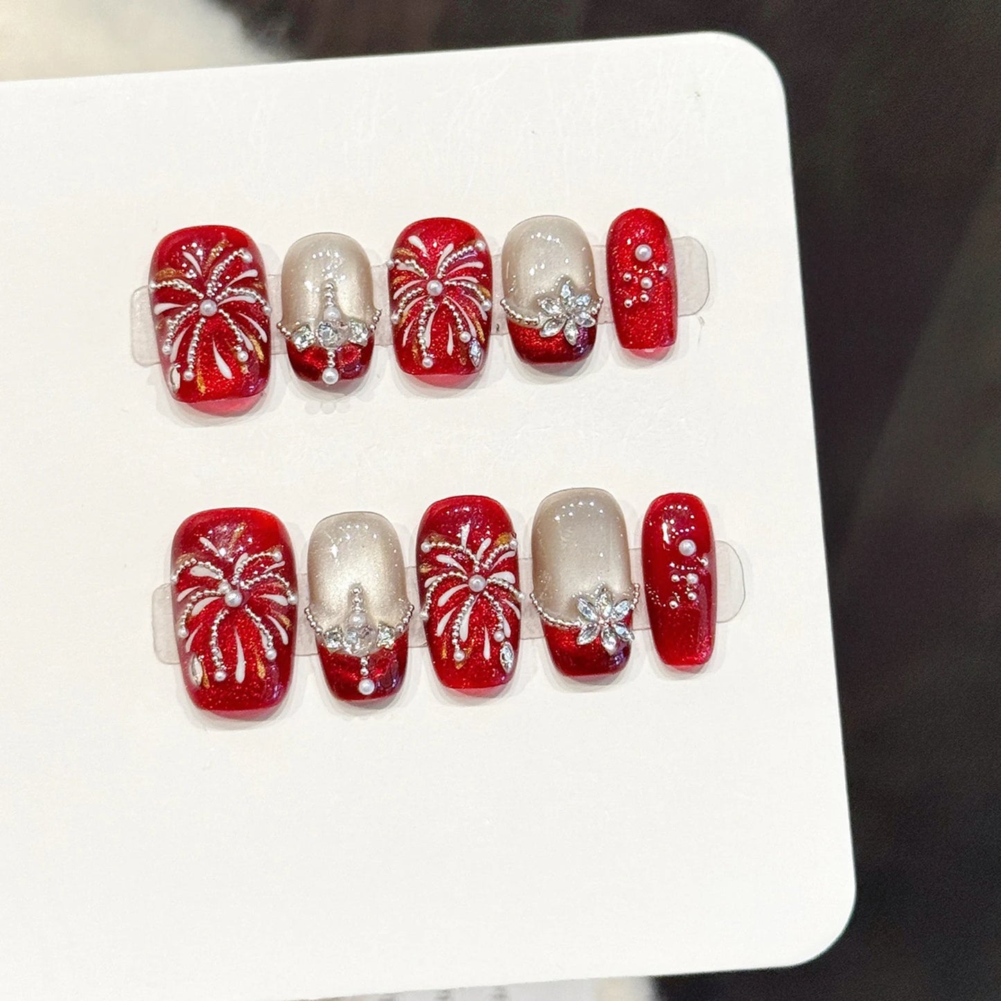 Handmade Press On Nails | Fireworks Diamond Cat Eye French Set