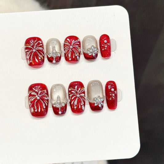 Handmade Press On Nails | Fireworks Diamond Cat Eye French Set Press On Nails Peaceful Pleasures Health and Wellness