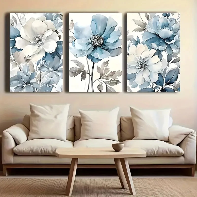 3-Piece Blue White Flower Canvas Wall Art | Modern Floral Set Canvas Wall Art Peaceful Pleasures Health and Wellness