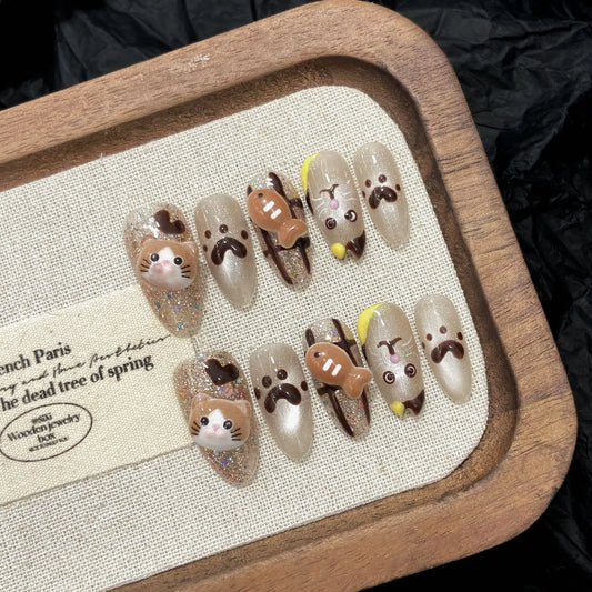 10pcs Handmade Cute Cat Fish Design Press on Nails Sweet Cat Eye False Nails Full Cover Wearable Korean Fake Nail Tips for Girls Peaceful Pleasures Health and Wellness S 1