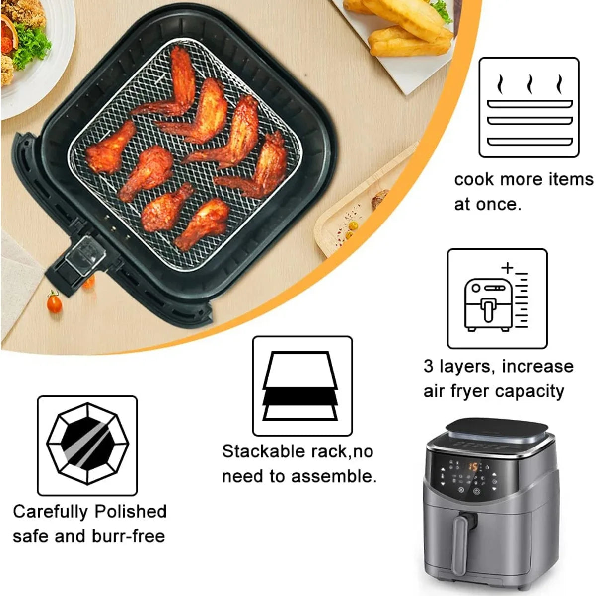 1–3 Layer Stackable Air Fryer Rack Set | 304 Stainless Steel Square Dehydrator Racks