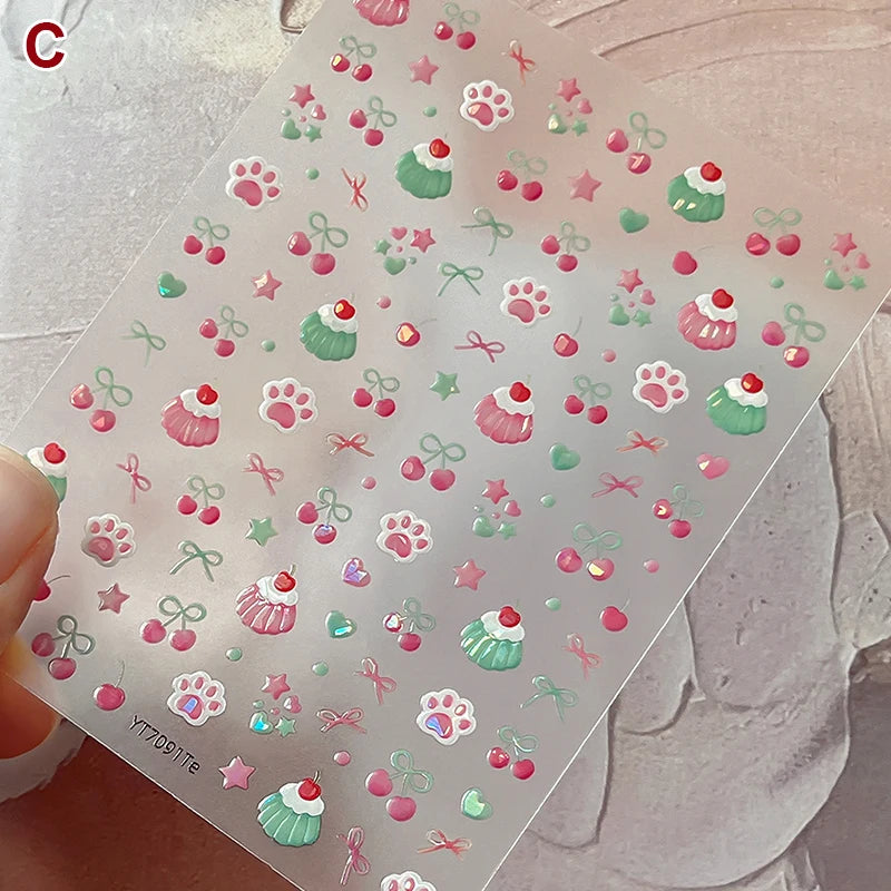 Fresh Sweet Fruits Strawberry Cherry Bowknot Love Heart Bow 5D Nail Art Stickers Self Adhesive Decorations Nail Manicure Decal Peaceful Pleasures Health and Wellness C