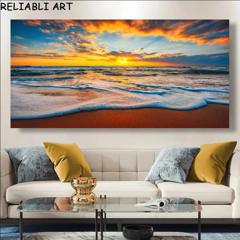 Sunset Beach Large Canvas Wall Art | Landscape Poster No Frame