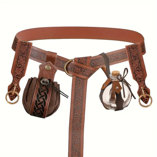 Medieval Cosplay Leather Belt Copper Coin Waist Bag Renaissance Dress Peaceful Pleasures Health and Wellness Style E 1PCS One Size