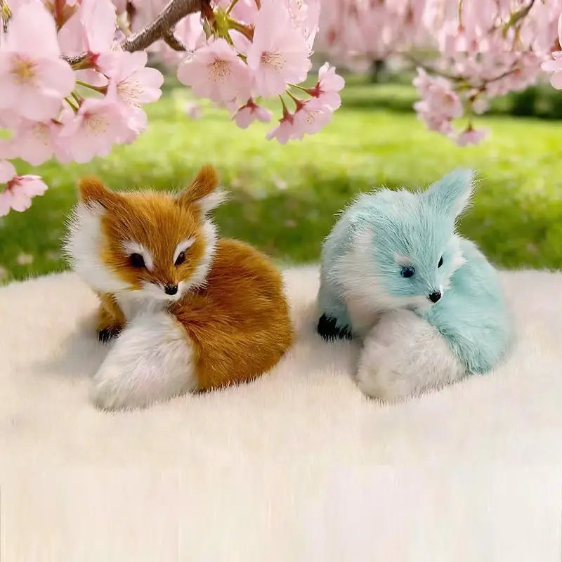 Mini Plush Fox Figurine Set – Lifelike Faux Fur Home Decor