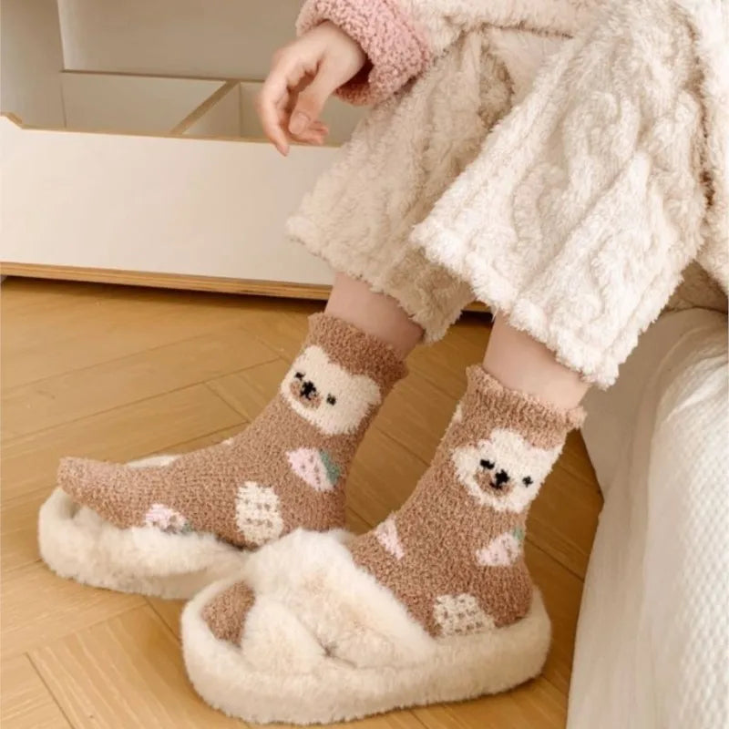 New Fashion Coral Fleece Women Socks Warm Home Floor Socks Strawberry Bear Socks Mid Tube Sleep Socks Plush Socks Added Fleece Peaceful Pleasures Health and Wellness