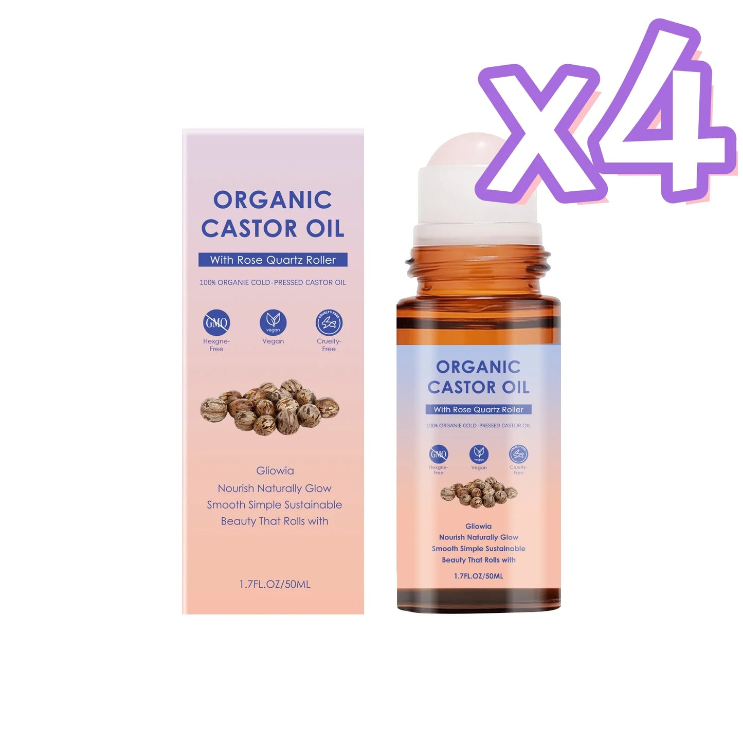 Organic Castor Oil Rose Quartz Roller Ball Moisturizing Skin Barrier Deep Repair Soothing Skin Cold-Pressed Natural Castor Oil Peaceful Pleasures Health and Wellness 50ml Boxed x 4pcs