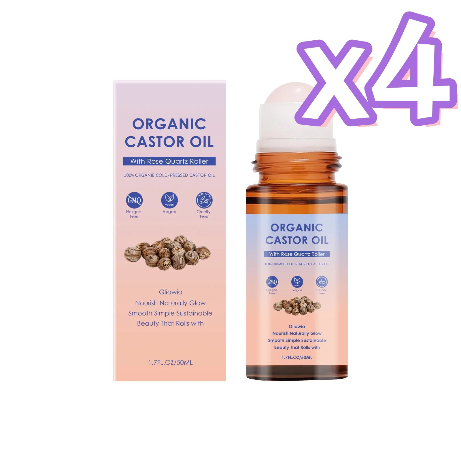 Organic Castor Oil Rose Quartz Roller Ball Moisturizing Skin Barrier Deep Repair Soothing Skin Cold-Pressed Natural Castor Oil Peaceful Pleasures Health and Wellness 50ml Boxed x 4pcs
