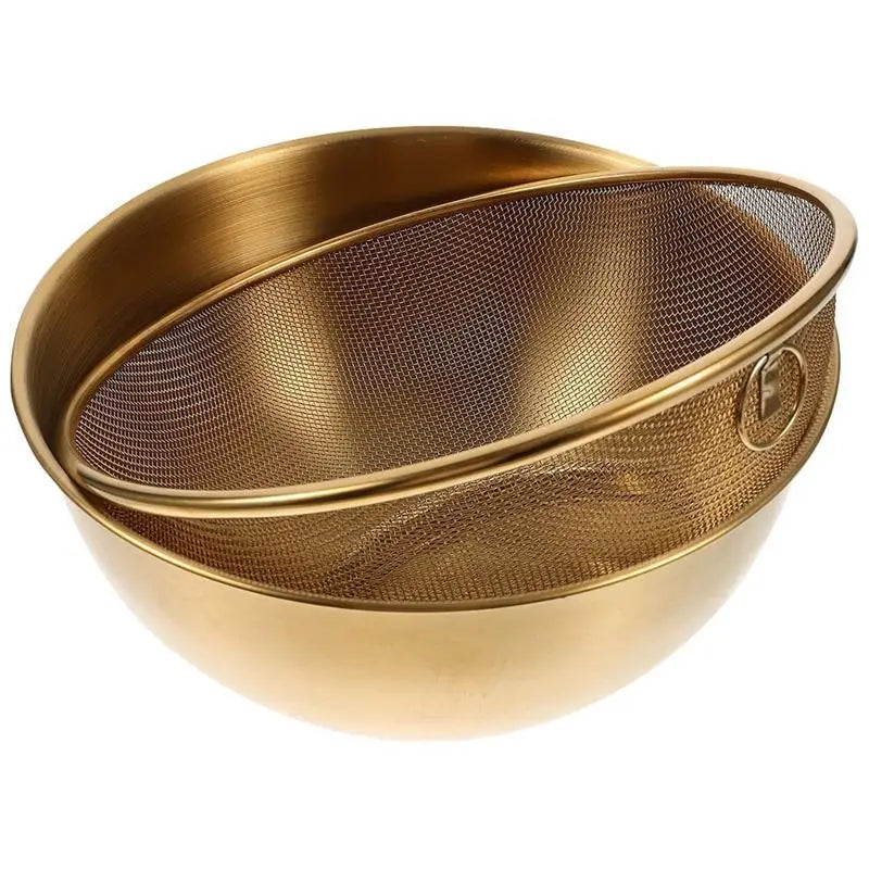 1300ml Stainless Steel Colander Bowl Set Kitchen Strainer Washer Drainer Basket Vegetable Fruit Rice Draining Tool Fine Peaceful Pleasures Health and Wellness Golden