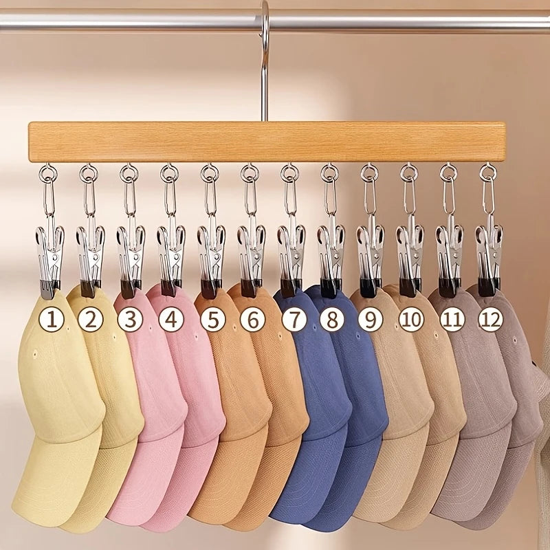 12-Clip Wooden Hat Organizer | Closet Hanger for Caps & Towels