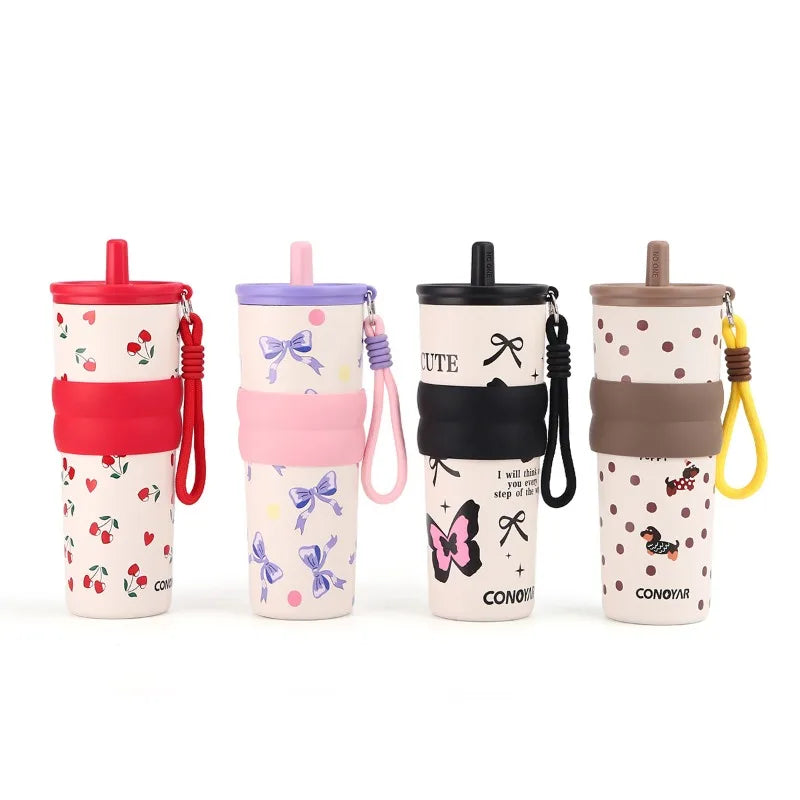 2026 Hot 710ML Printed Bow Vacuum Cup Insulation Or Cooling Stainless Steel Cup With Lifting Rope High-Capacity Insulated Cup Peaceful Pleasures Health and Wellness