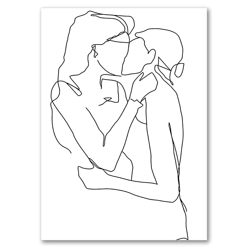 Black And White Line Drawing Couple Kiss Canvas Prints Heart Art Painting Hand In Hand Poster Minimalist Pictures Home Decor Peaceful Pleasures Health and Wellness
