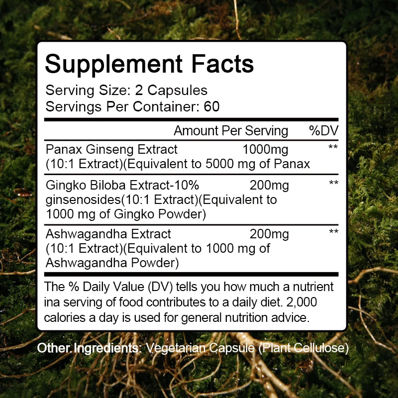 Ginseng Ginkgo & Ashwagandha Capsules – 120ct Peaceful Pleasures Health and Wellness