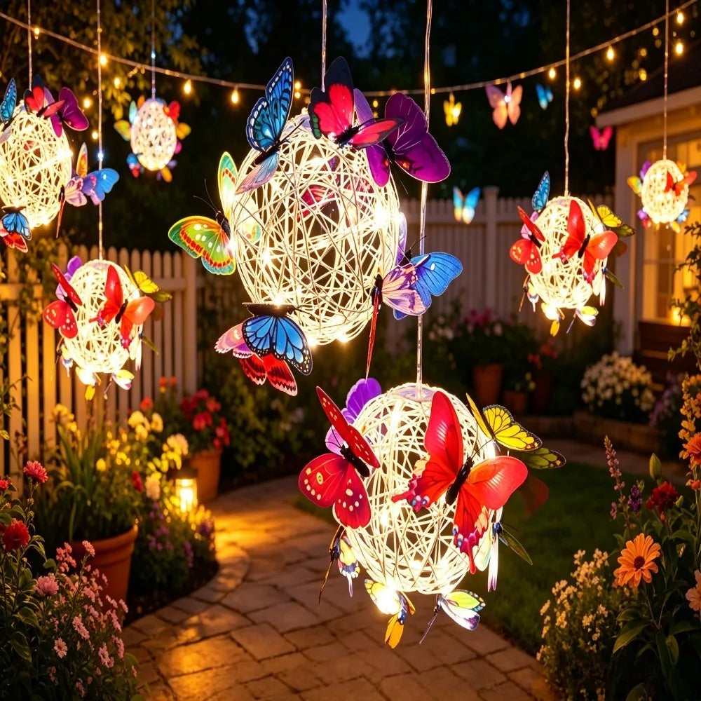 Outdoor Solar Garden Light Metal Home Decorative Nightlight Butterfly Pendant Waterproof Butterfly Round Ball Light Weaving Mesh Peaceful Pleasures Health and Wellness