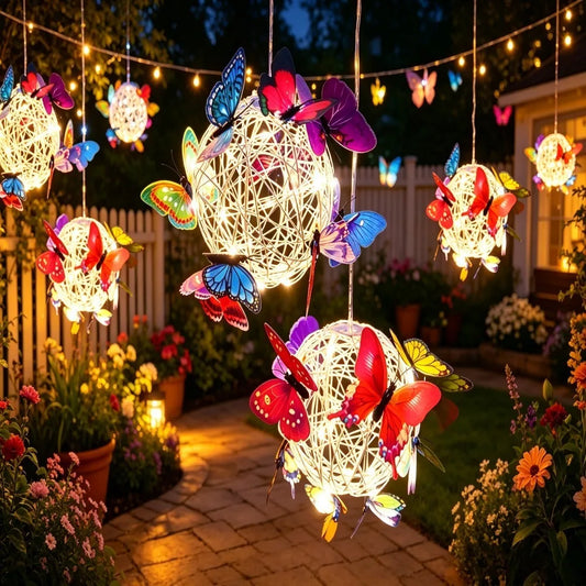 Outdoor Solar Garden Light Metal Home Decorative Nightlight Butterfly Pendant Waterproof Butterfly Round Ball Light Weaving Mesh Peaceful Pleasures Health and Wellness