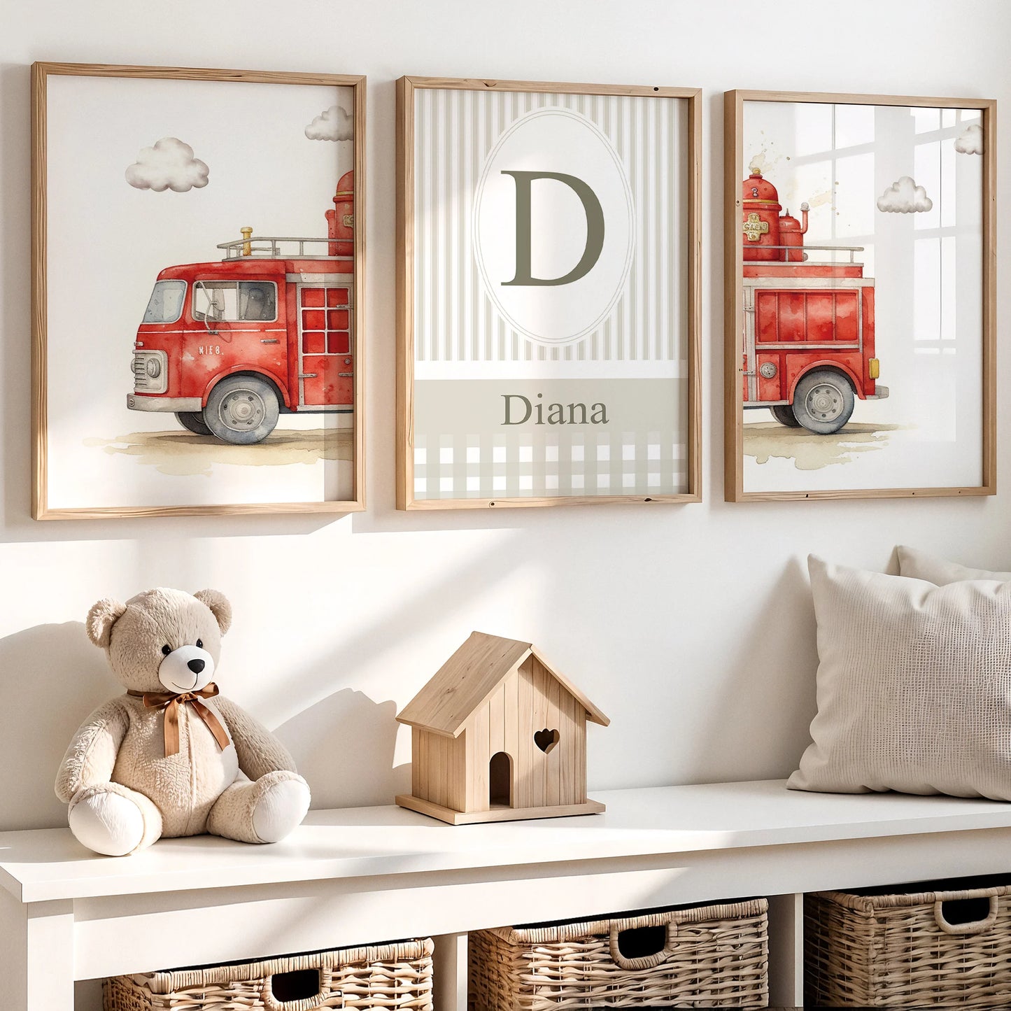 Personalized Fire Truck Canvas Wall Art Set – Kids Room Decor