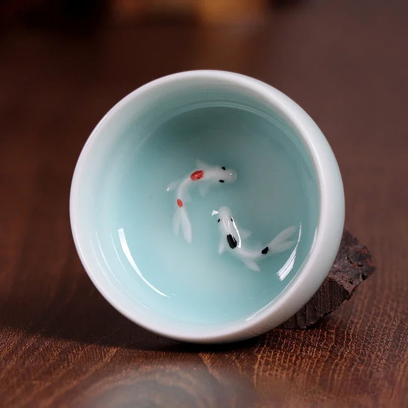 60ml Crackle Golden Fish Celadon Porcelain Teacups Delicate Longquan Tea Cup Bowl Kungfu Serviceable Chinese Tea Cup Tea Making Peaceful Pleasures Health and Wellness D