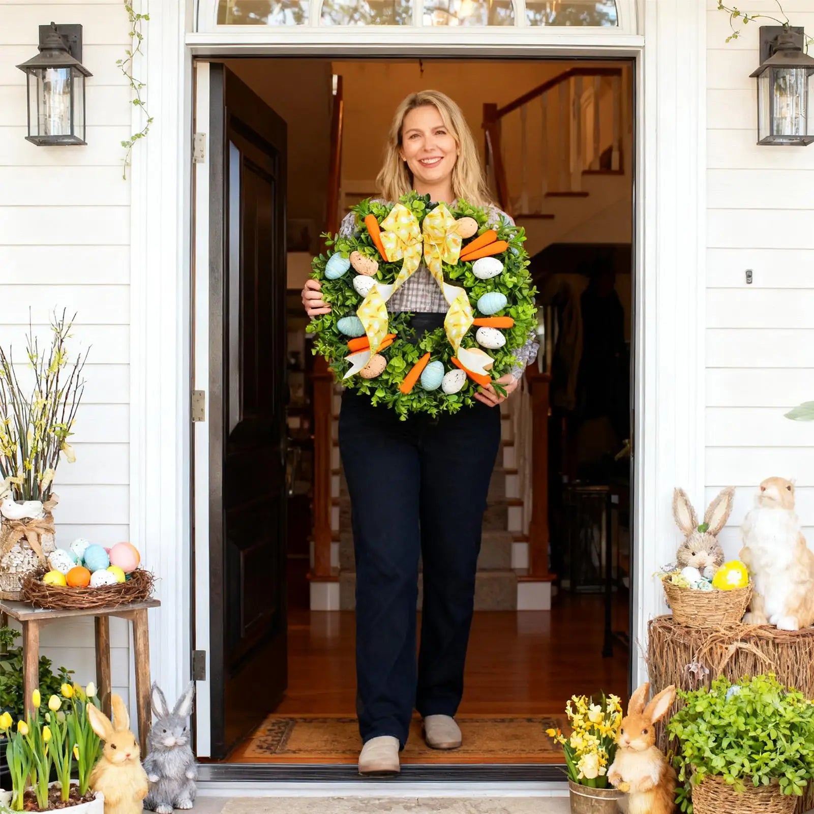 Easter Wreaths Handmade Cute Egg Carrot Design Festive Garland Front Door Wreath For Friends Family Gatherings Window Outdoor Peaceful Pleasures Health and Wellness