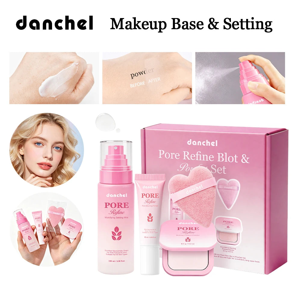 Pore Refine Blot & Porefect Set Pore-Blurring 12h Matte Oil Control Primer, Setting Spray, Touch-up, Powder Puff 4PCS Makeup Kit Peaceful Pleasures Health and Wellness