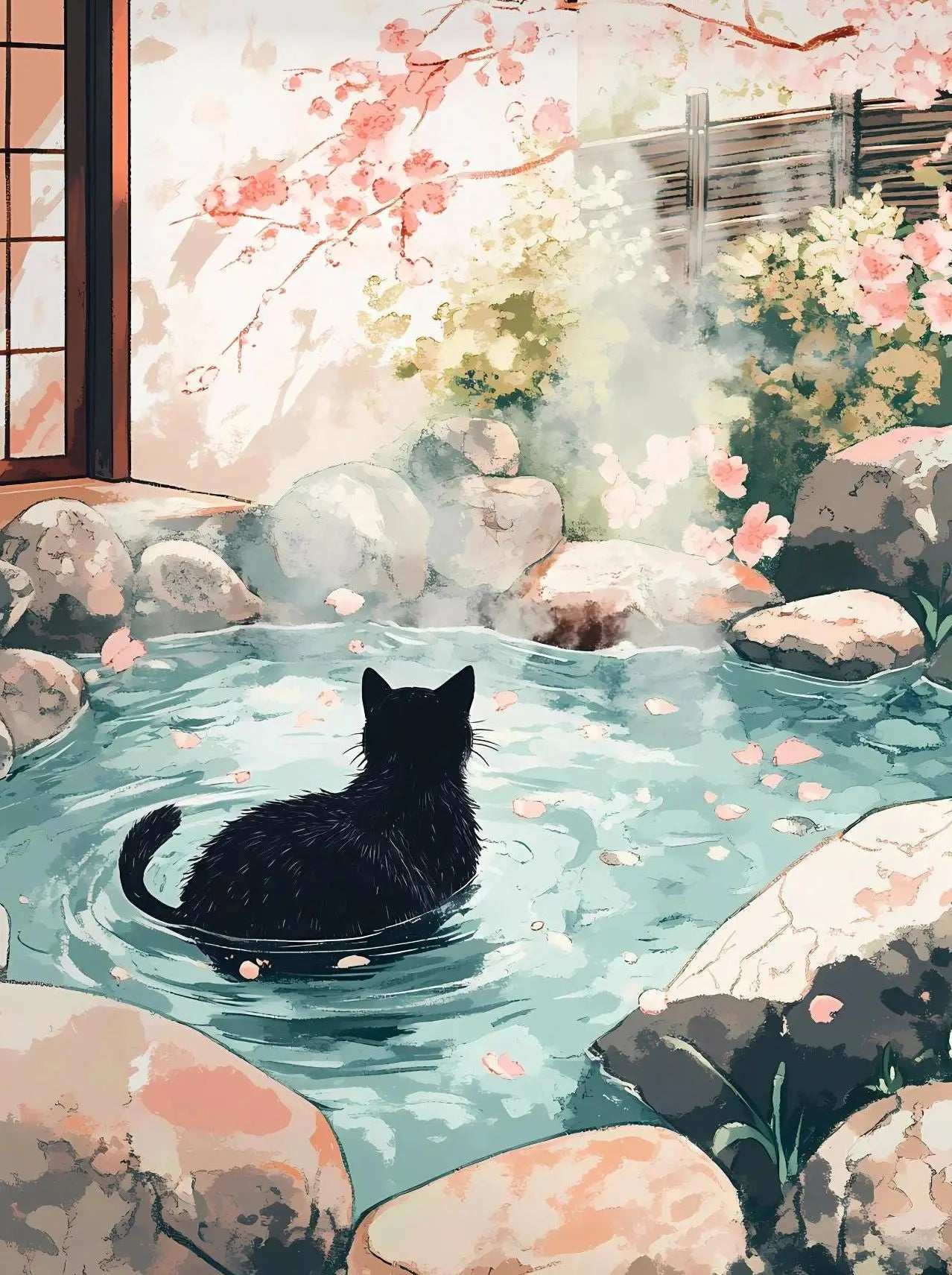 Japanese Cherry Blossom Cat Hot Spring Canvas Wall Art Print Canvas Wall Art Print Peaceful Pleasures Health and Wellness